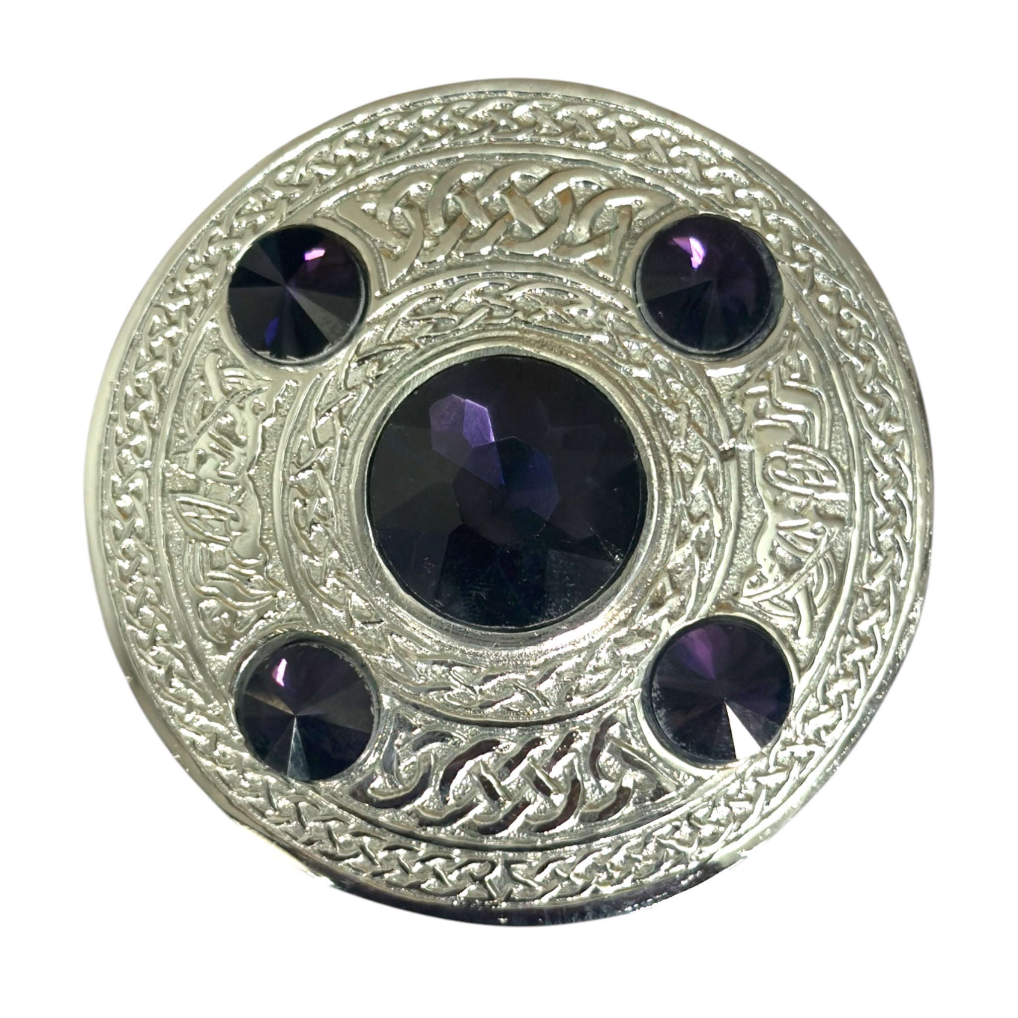 Celtic Design Brooch Silver With Purple 5 Stones - Imperial Highland Supplies