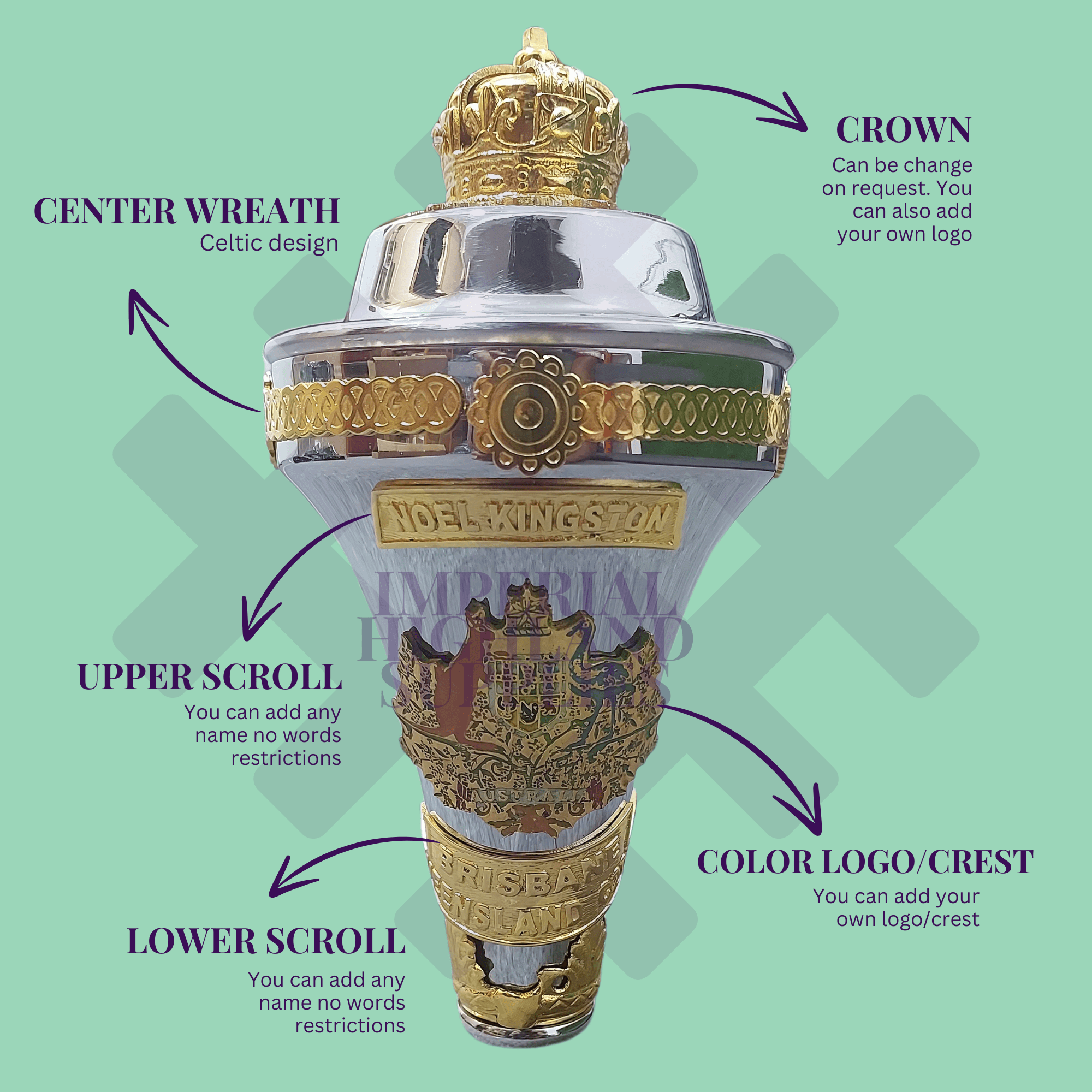 Custom Made Drum Major Mace Stave With Scrolls & Crown Top - Imperial Highland Supplies