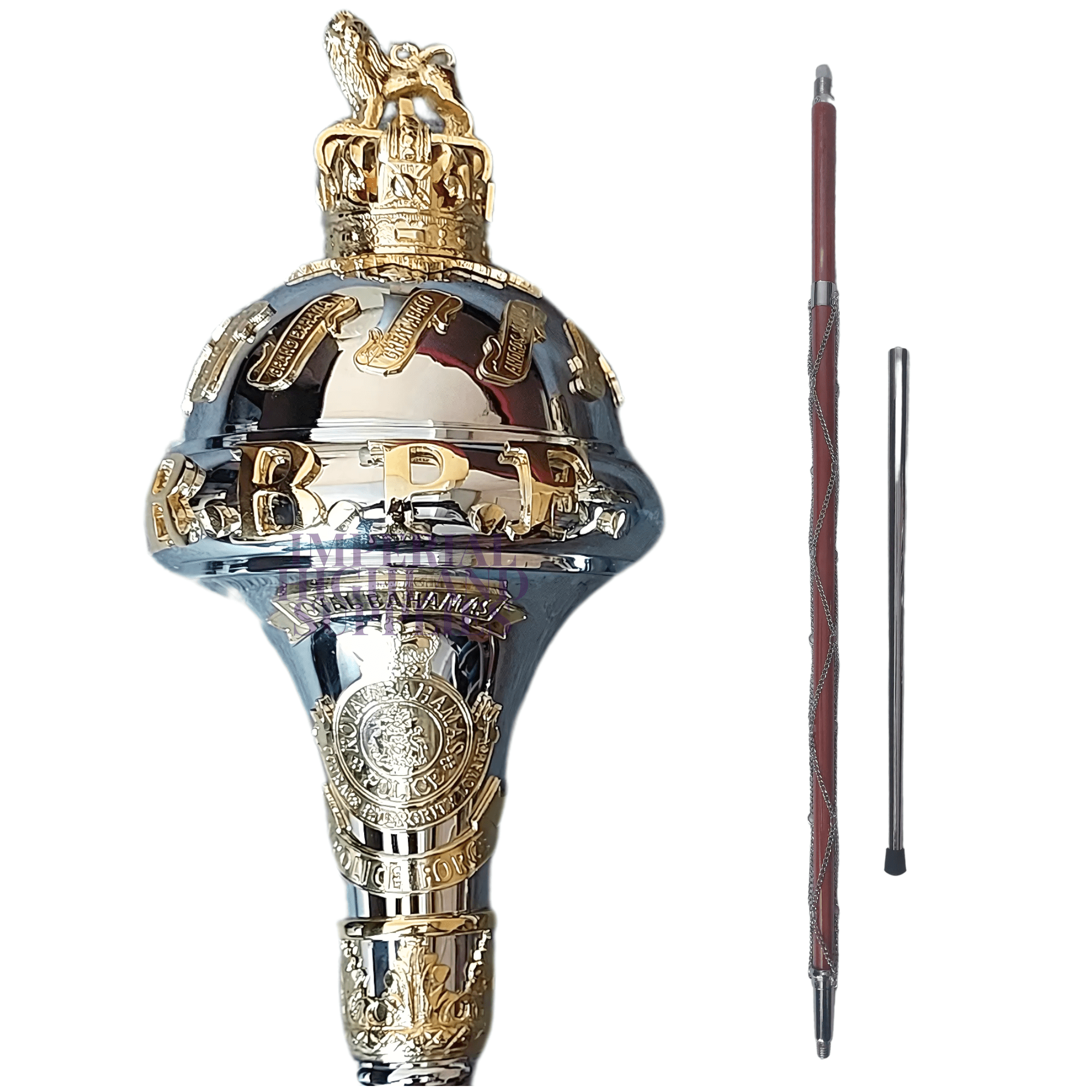 Custom Made Drum Major Mace Stave With Scrolls & Crown Top Royal Bahamas Police Force - Imperial Highland Supplies