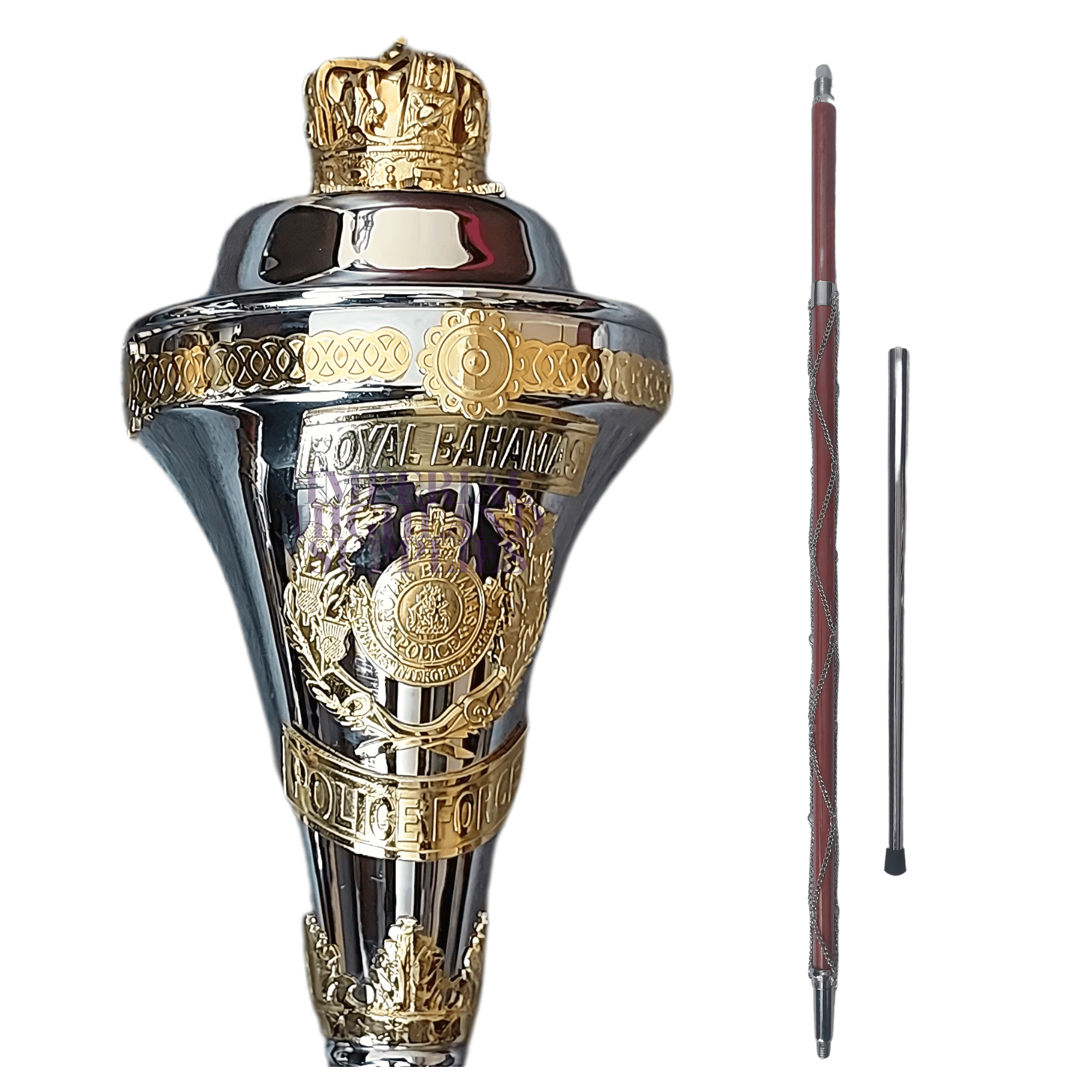 Custom Made Drum Major Mace Stave With Scrolls & Crown Top Royal Bahamas Police Force - Imperial Highland Supplies