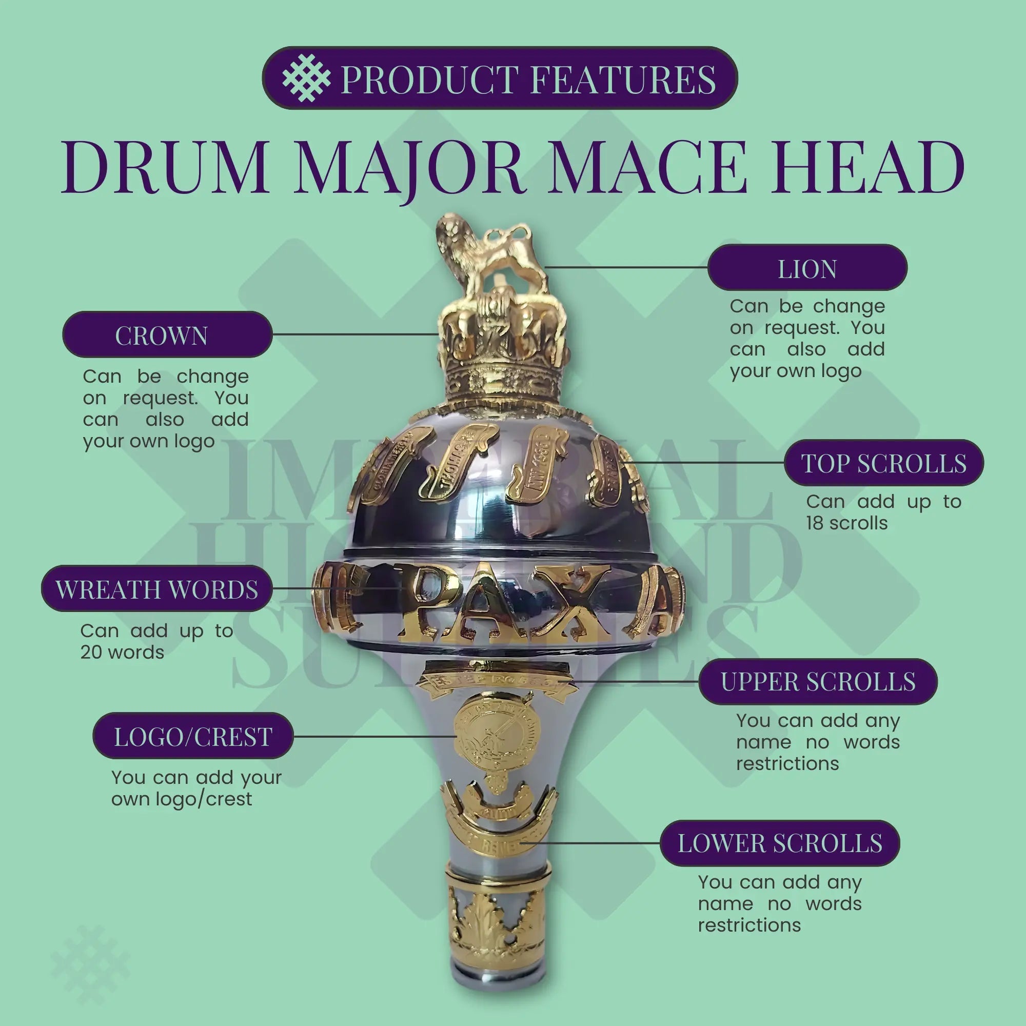 Drum Major Ceremonial Custom Made Mace With Battle Honors - Imperial Highland Supplies