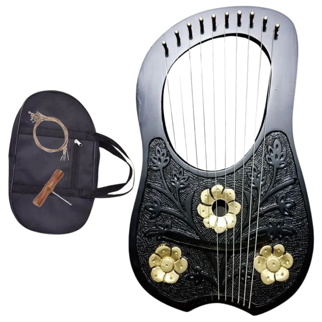 Irish Lyre Harp Rosewood With Metal String 3 Gold Flowers Design - Imperial Highland Supplies