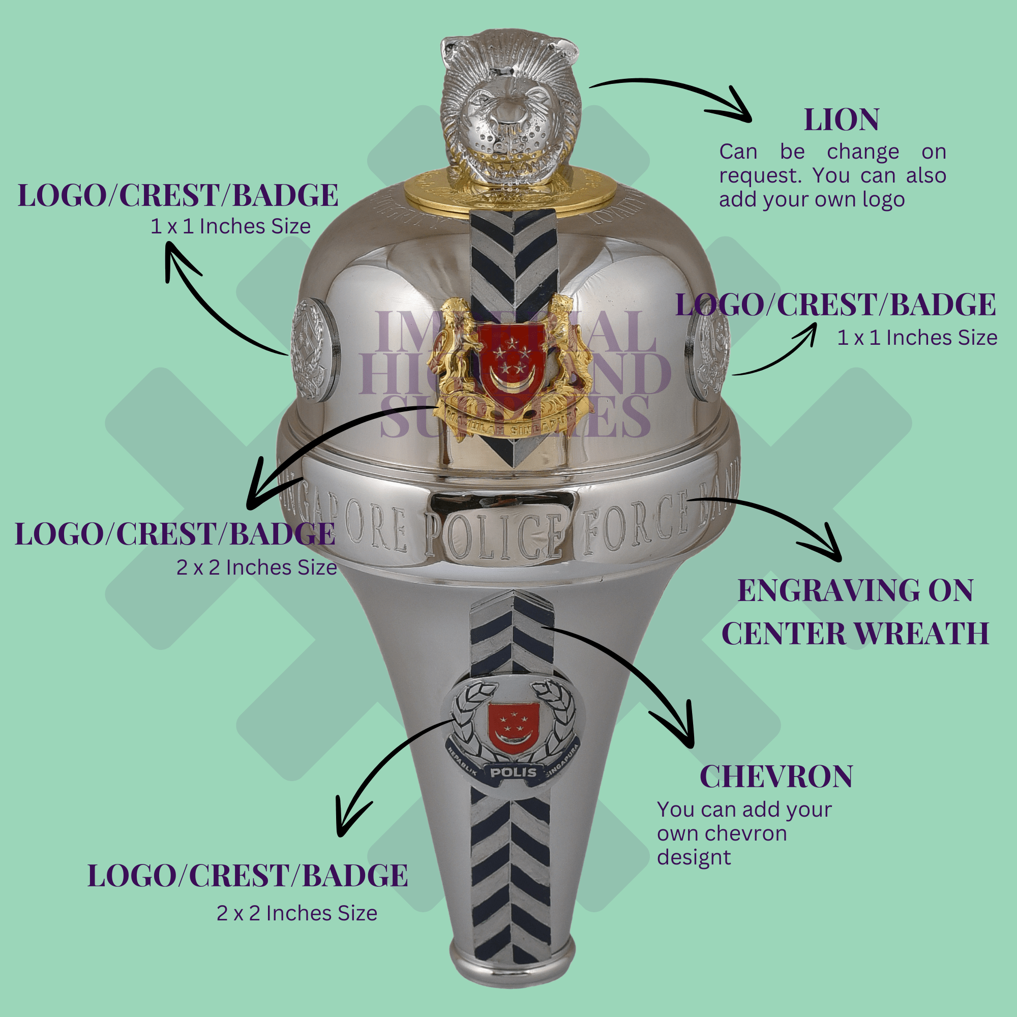 Singapore Police Army Military Custom Drum Major Mace - Imperial Highland Supplies