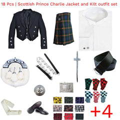 18 PCS Scottish Prince Charlie Jacket, Vest & Kilt Outfit Set - Imperial Highland Supplies