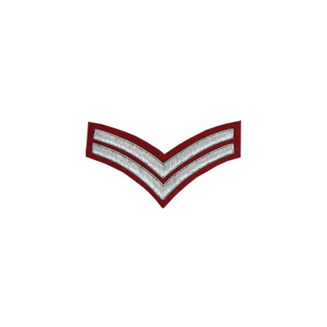 2 Stripe Chevrons Badge Silver Bullion On Red - Imperial Highland Supplies