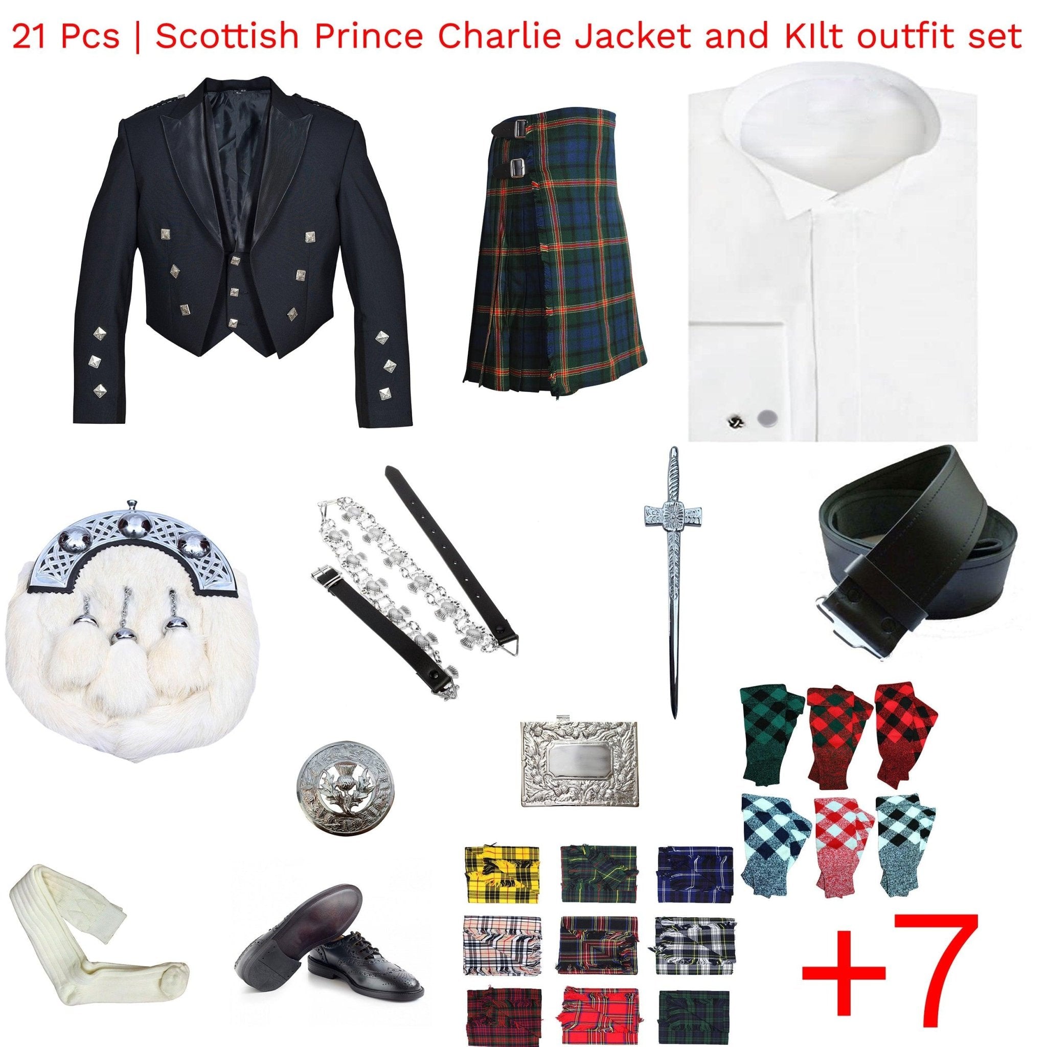 21 PCS Scottish Prince Charlie Jacket, Vest & Kilt Outfit Set - Imperial Highland Supplies