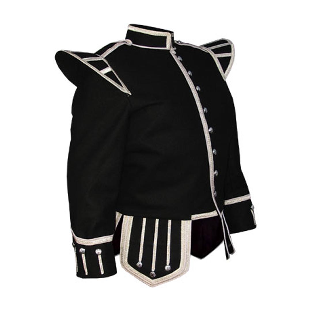 Black Blazer Wool Pipe Band Doublet With Silver Braid And White Piping 1 - Imperial Highland Supplies