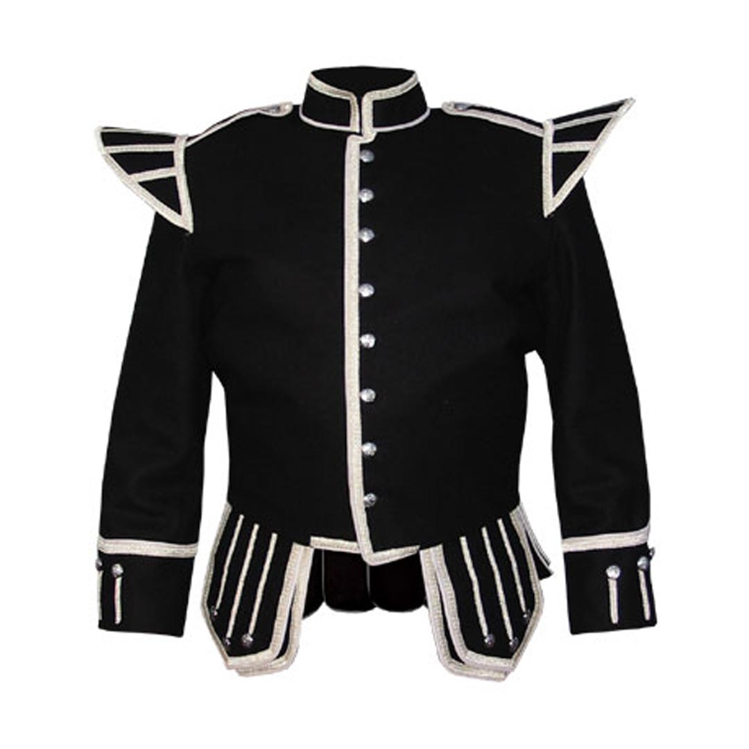 Black Blazer Wool Pipe Band Doublet With Silver Braid And White Piping 1 - Imperial Highland Supplies