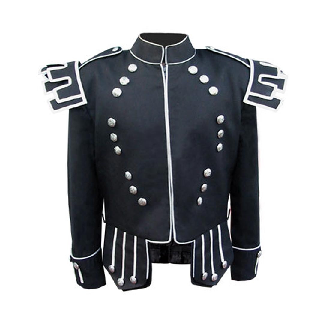 Black Gabardine Scots Guards Style Doublet Castellated Shoulder Shells White Piping 2 - Imperial Highland Supplies