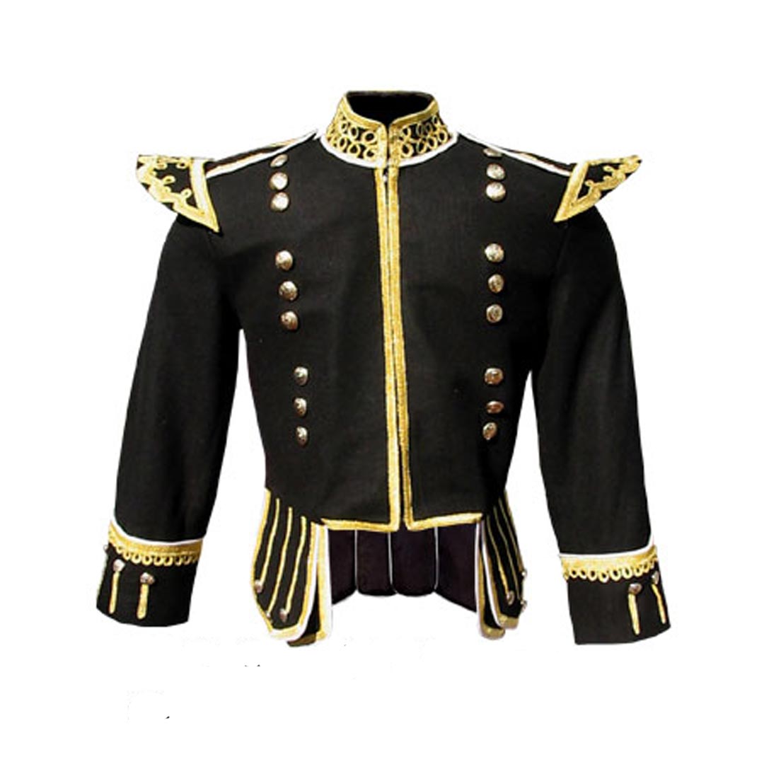 Black Pipe Band Doublet With Gold Braid White Piping Zip Closure Front 6 - Imperial Highland Supplies