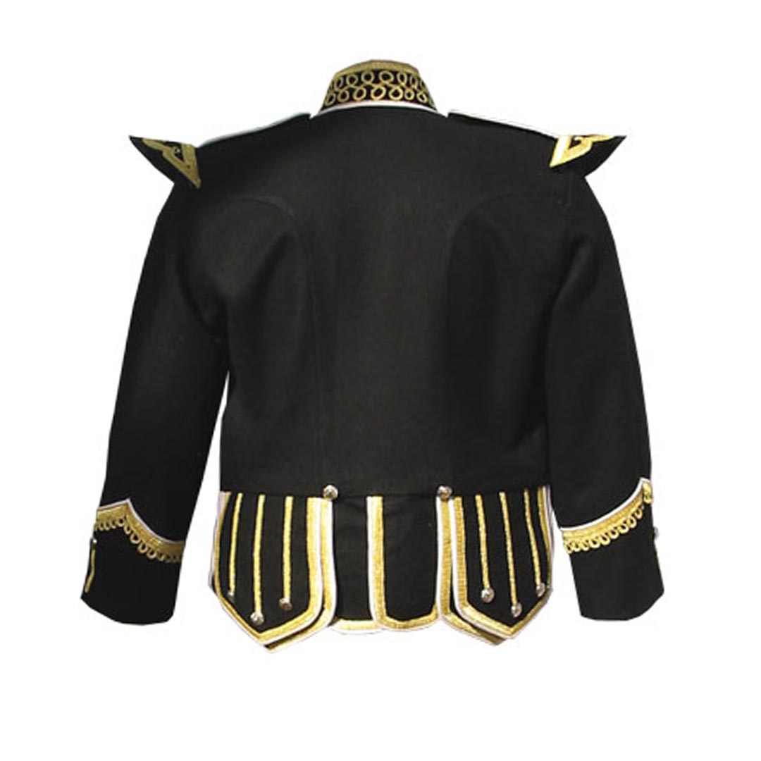 Black Pipe Band Doublet With Gold Braid White Piping Zip Closure Front 6 - Imperial Highland Supplies