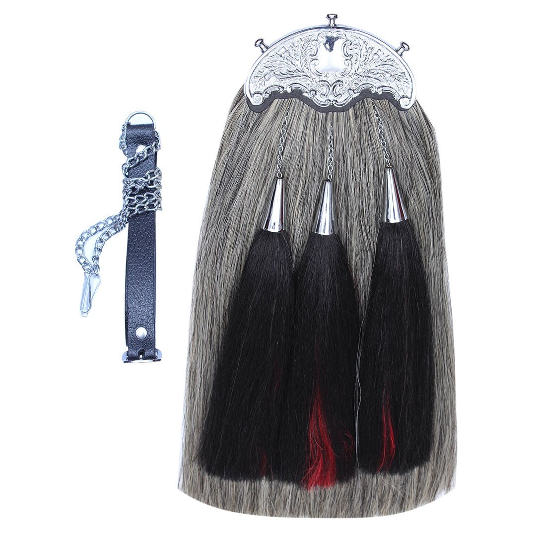 Grey Horse Hair Sporran Three Black & Red Tassels - Imperial Highland Supplies