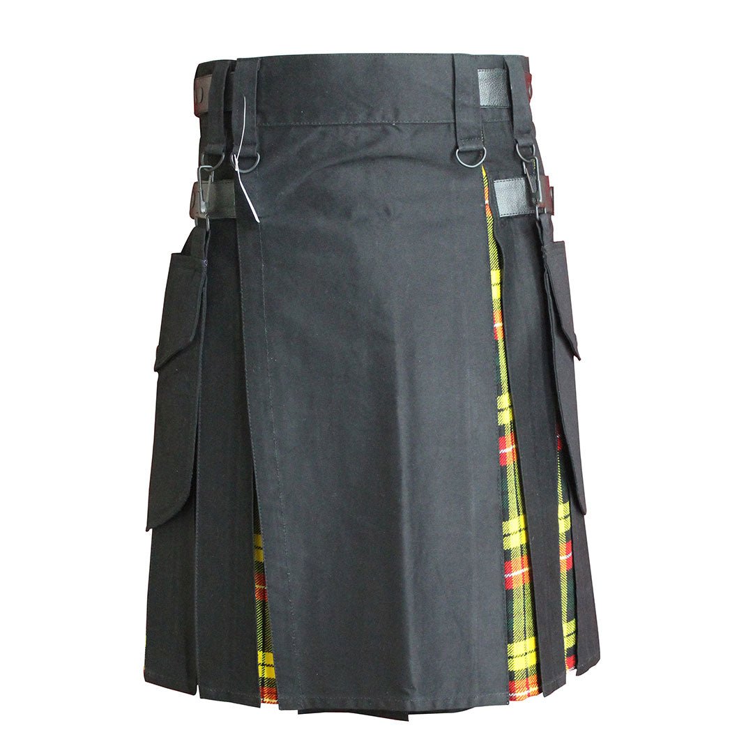 Hybrid Kilt Black With Tartan - Imperial Highland Supplies