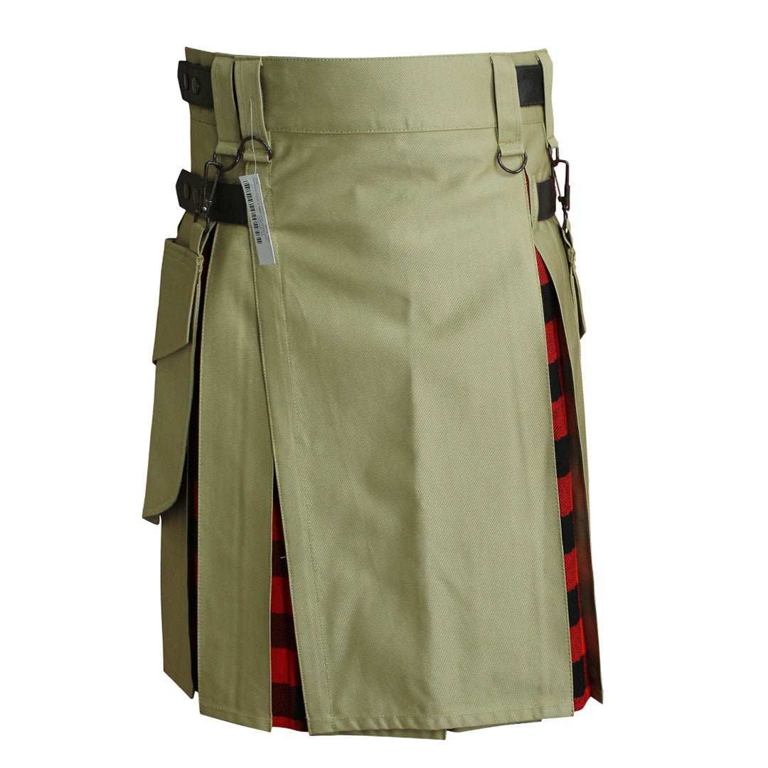 Hybrid Kilt Khaki With Tartan - Imperial Highland Supplies