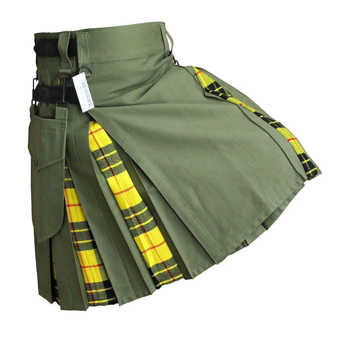 Hybrid Kilt Olive Green With Tartan - Imperial Highland Supplies