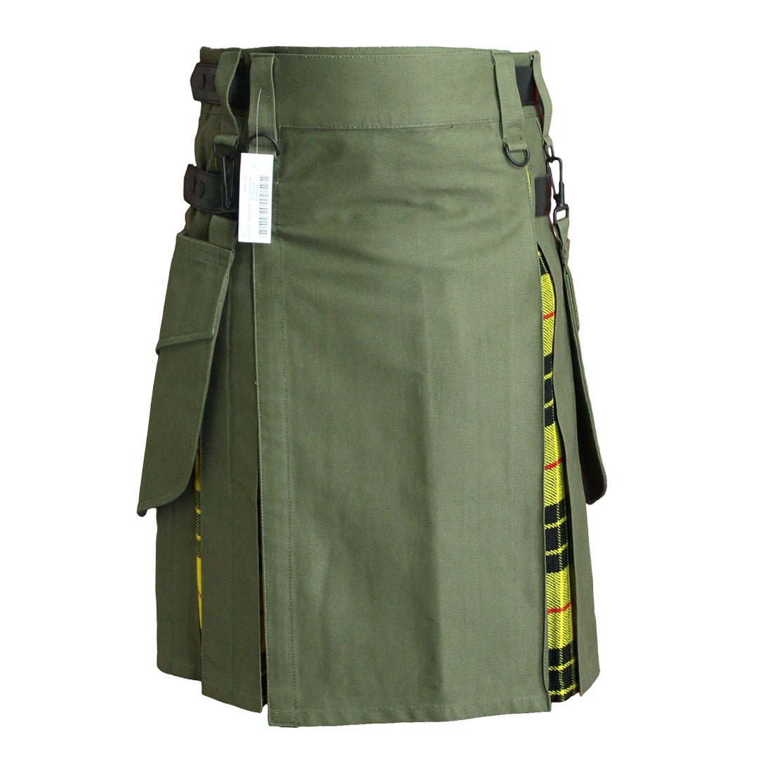 Hybrid Kilt Olive Green With Tartan - Imperial Highland Supplies