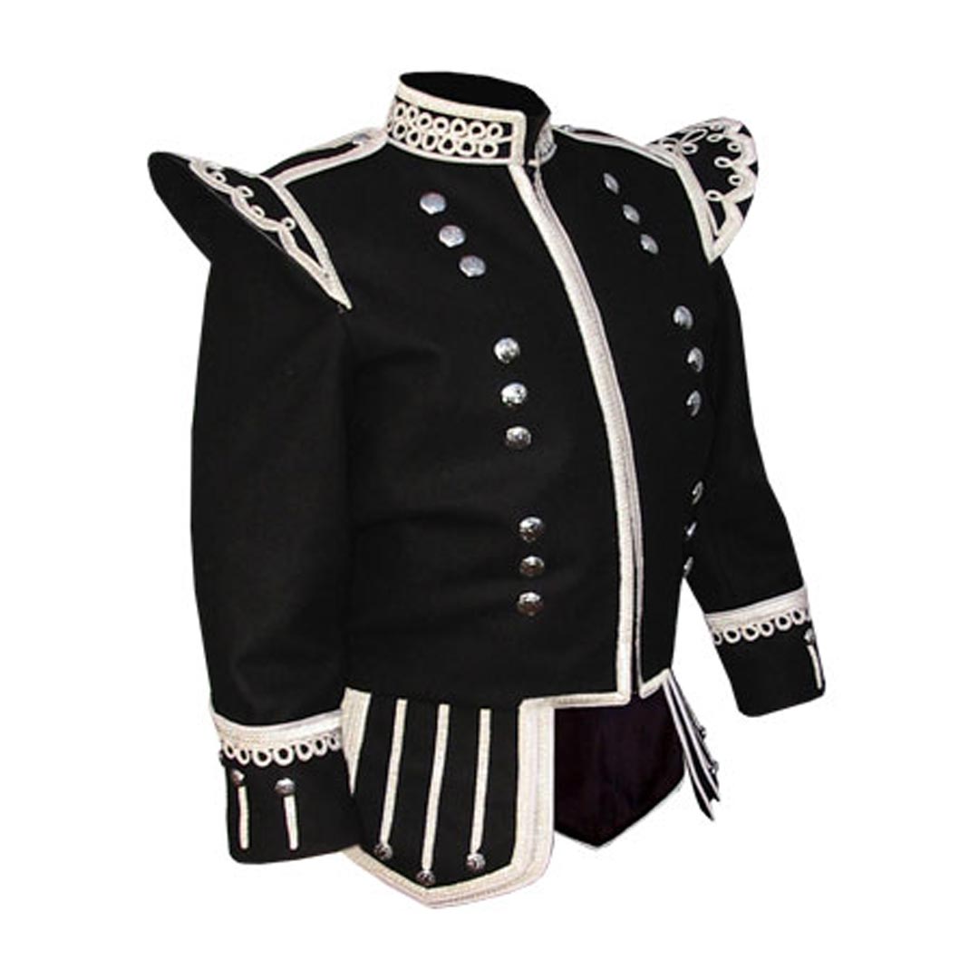 Pipe Band Doublet Black Silver Braid White Piping Zip Closure Front - Imperial Highland Supplies