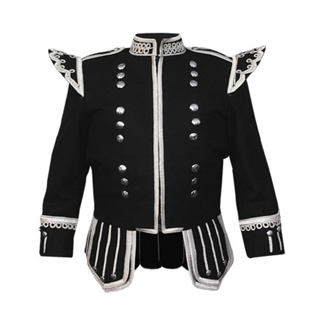 Pipe Band Doublet Black Silver Braid White Piping Zip Closure Front - Imperial Highland Supplies