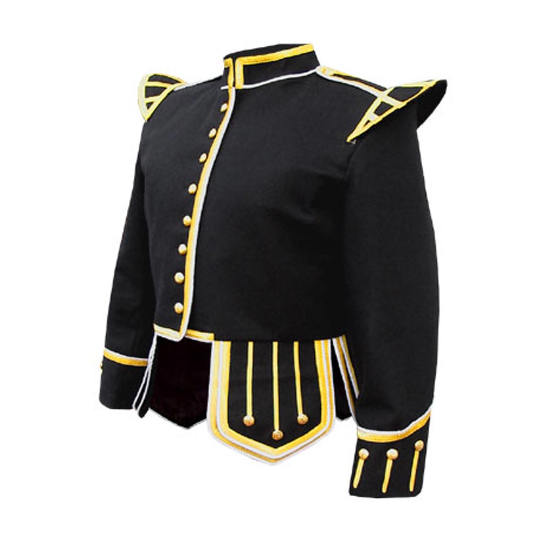 Pipe Band Doublet Black With Gold Braid And White Piping - Imperial Highland Supplies