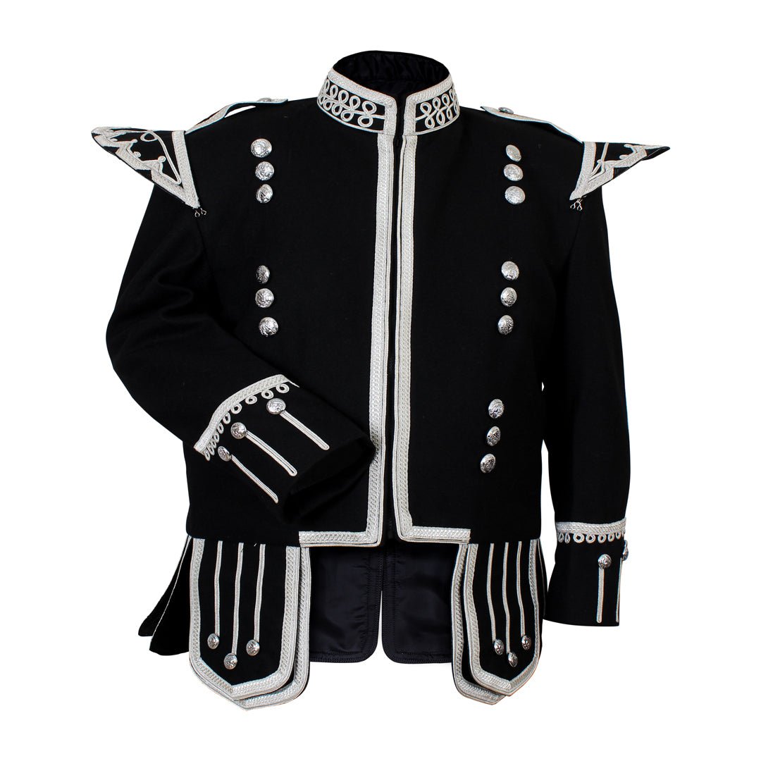 Pipe Band Doublet Black With Silver Braid Silver Piping Zip Closure Front - Imperial Highland Supplies