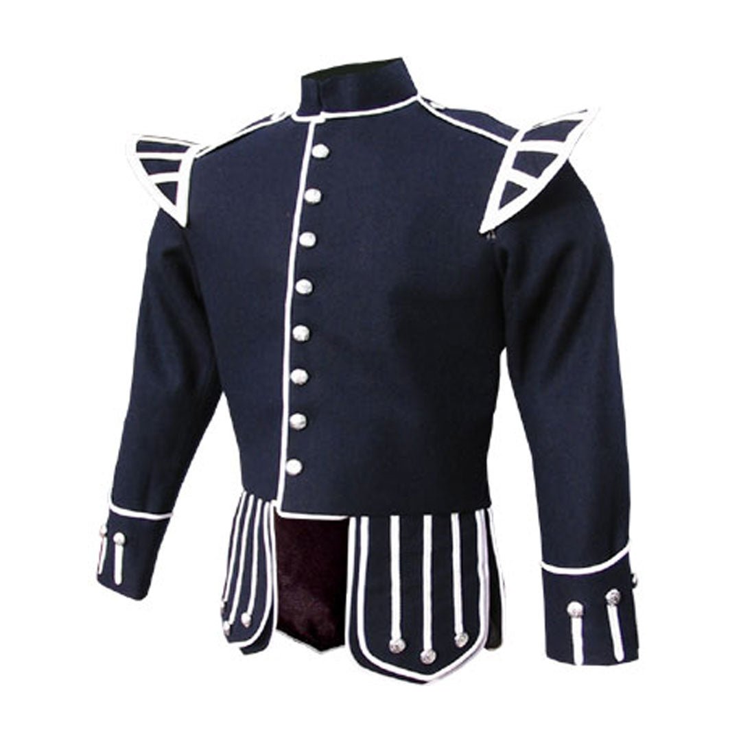 Pipe Band Doublet Navy Blue With Silver Braid And White Piping - Imperial Highland Supplies
