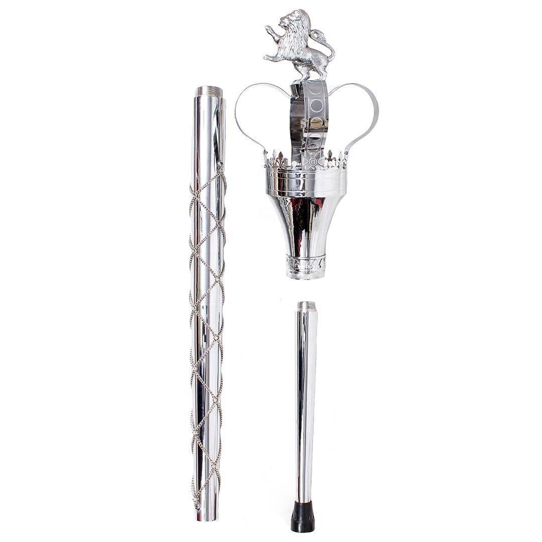 Premium Crown Mace Large 60" In 3 Shafts - Chrome Plated Metal Parts Including Chain - Lion Top in Std Size Quick Screw Assembled - Imperial Highland Supplies