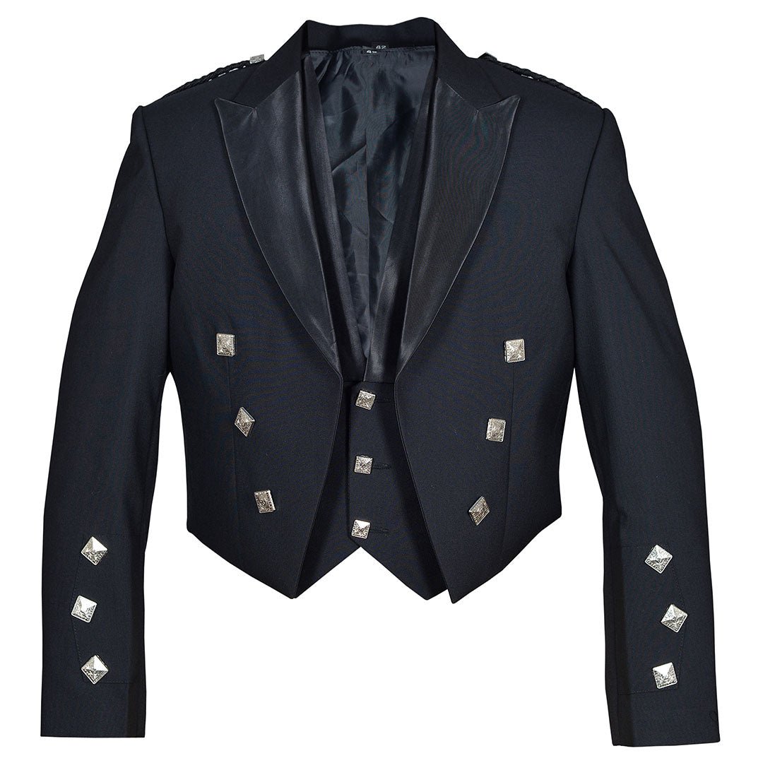 Prince Charlie Jacket Black Barathea Wool Fabric With 3 Button Vest - Imperial Highland Supplies
