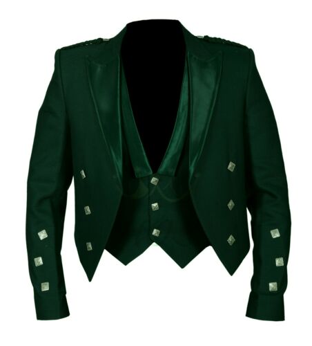 Prince Charlie Jacket Green Barathea Wool Fabric With 3 Button Vest - Imperial Highland Supplies