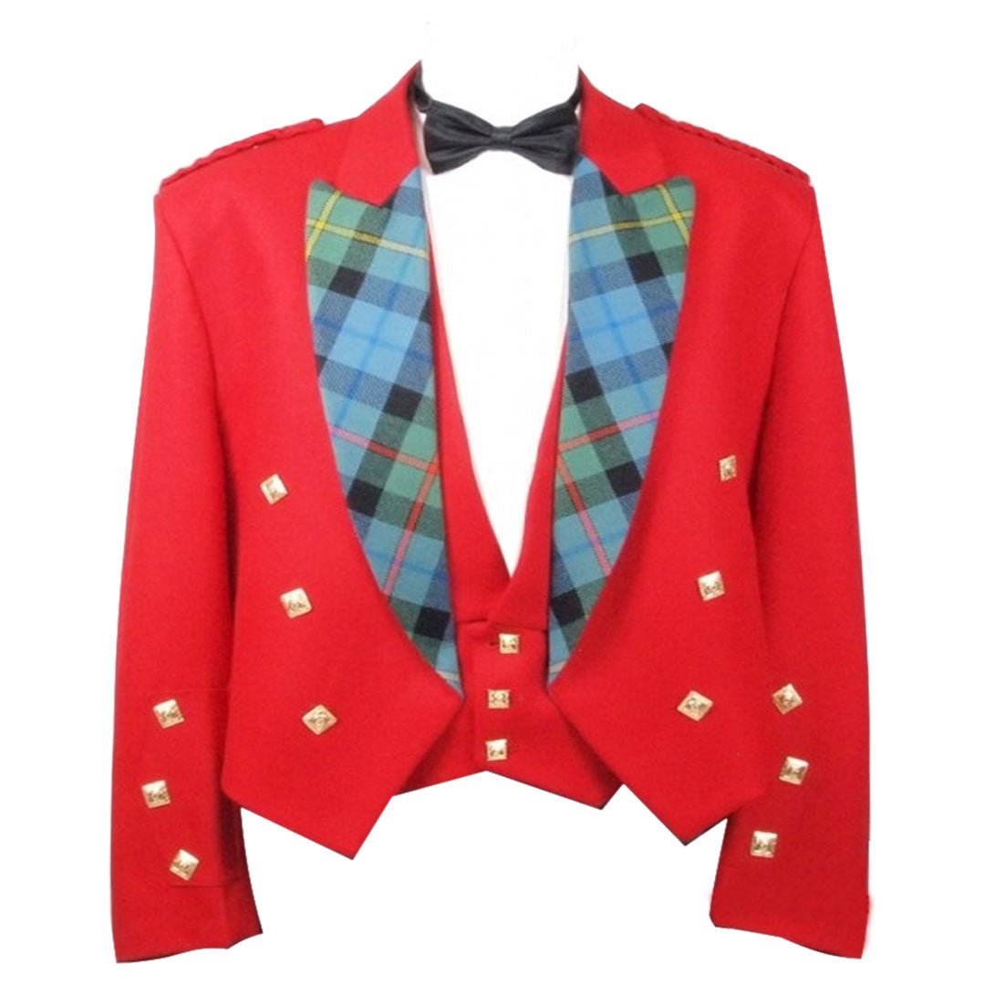 Red Prince Charlie Jacket & 3 button Vest Tartan Lapels - Imperial Highland Supplies