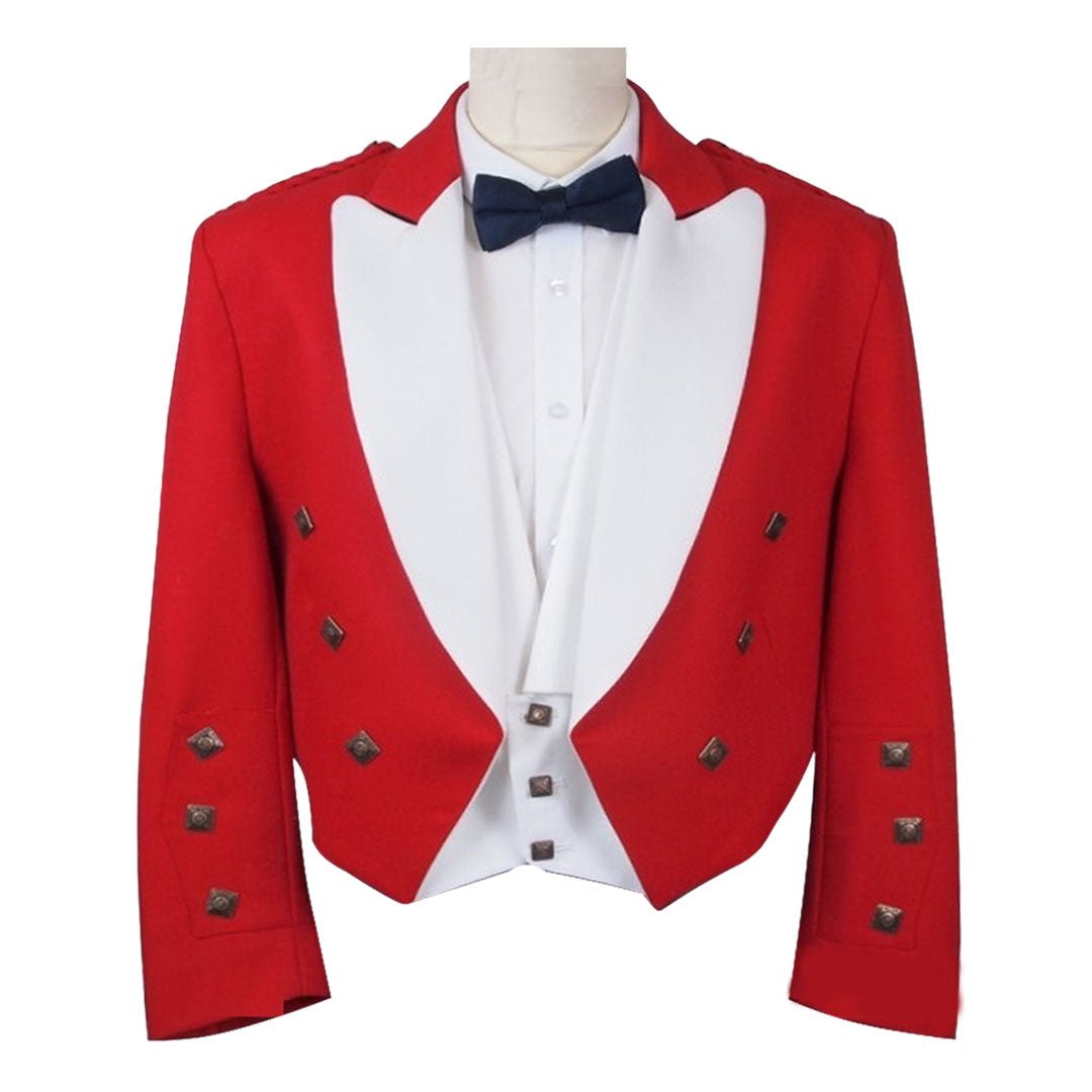Red Prince Charlie Jacket & White Vest With White Lapels - Imperial Highland Supplies