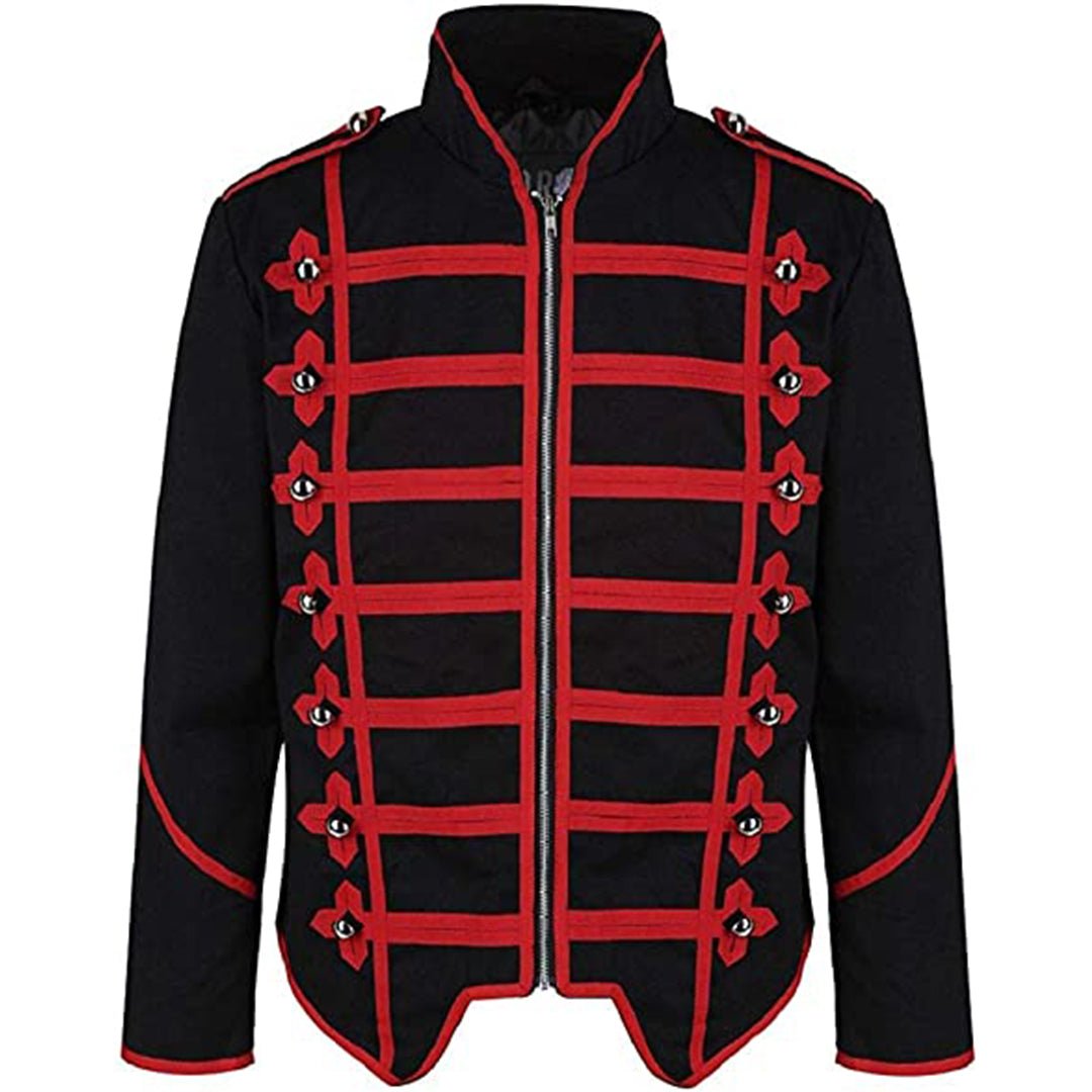 Steampunk Emo Punk Goth Military Officer Parade Jacket Black Red Braid - Imperial Highland Supplies