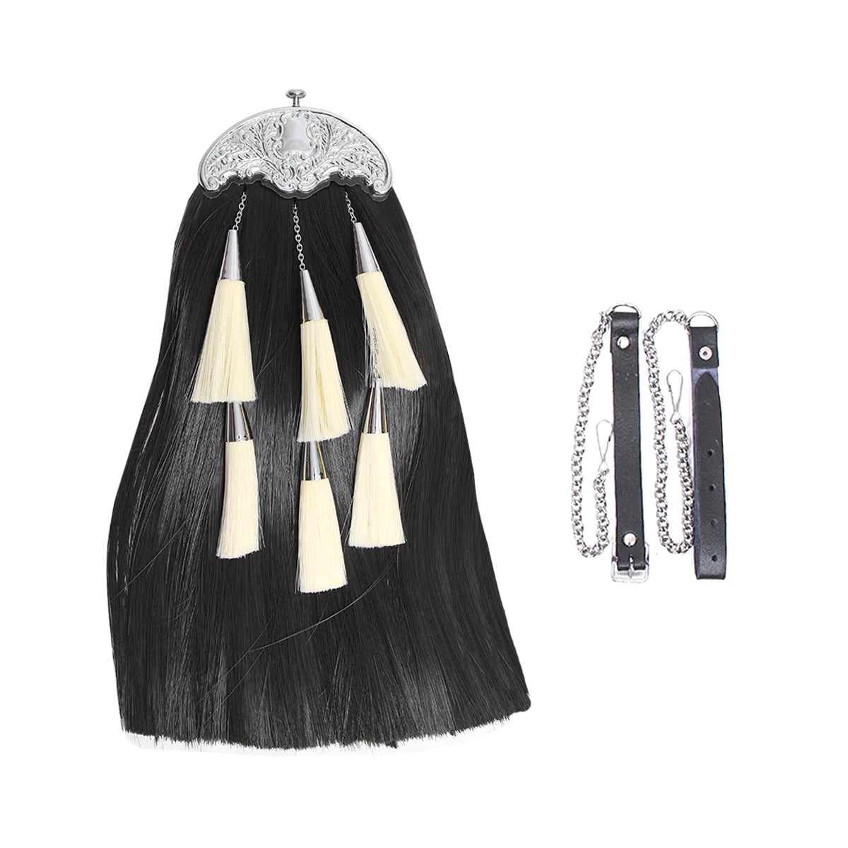 Synthetic Long Hairs Sporran Black Color Body With 5 White Color Tassels - Imperial Highland Supplies